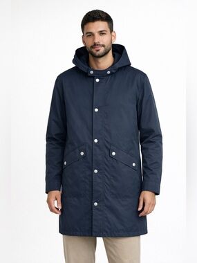 A.P.C. Men’s Hooded Long Line Navy Parka XL Raincoat Field Jacket